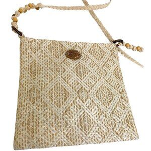 Cappelli NWOT Straw Woven Beige Small Clutch Bag With Rope Handle & Wooden Beads